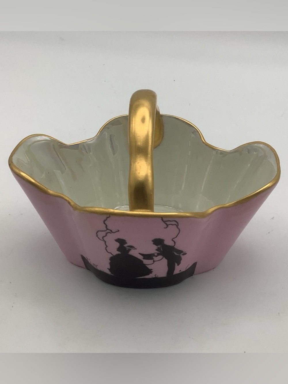 Unique Antique Bavarian Pink Handled Trinket Basket with Black Silhouette Design